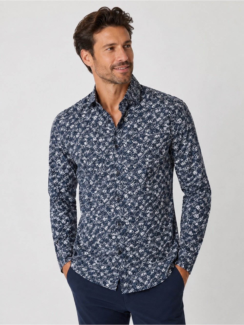 Silver Stone XL Modern Fit Floral Button Up Shirt Navy White Long Sleeve Men’s